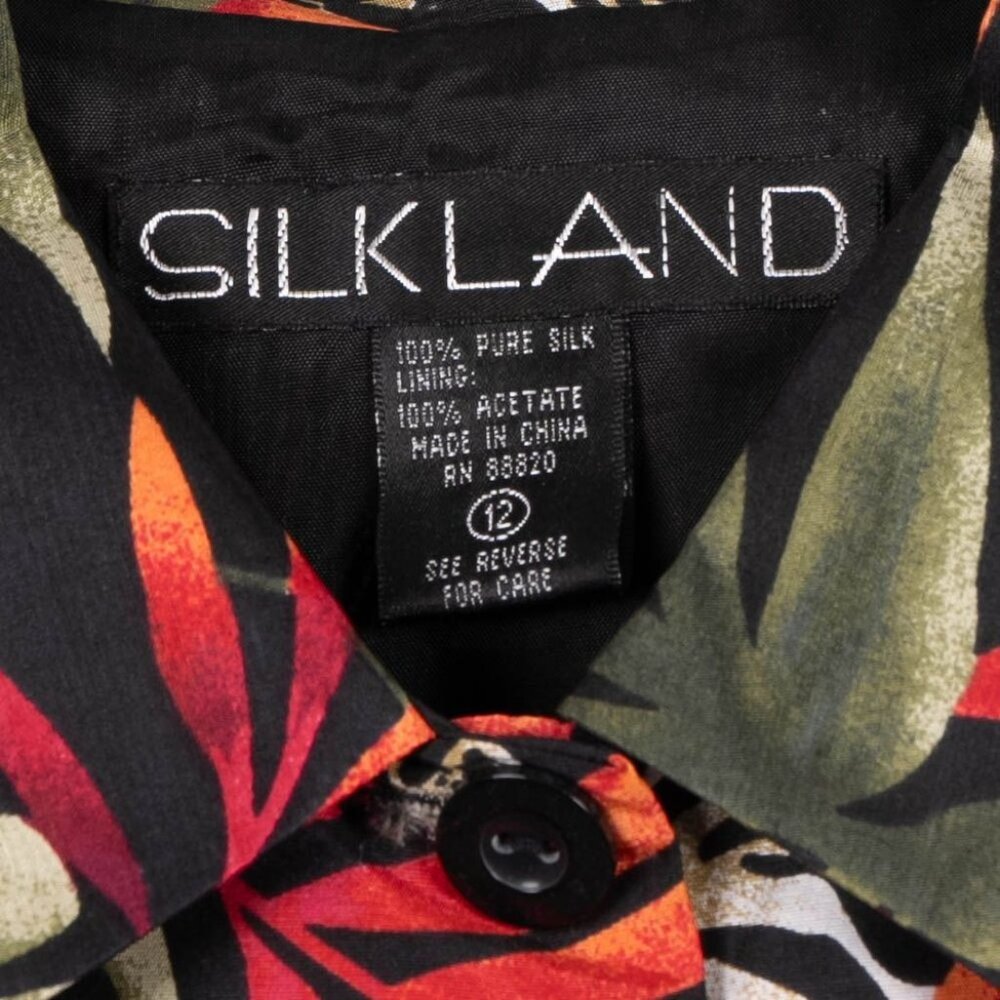 Silkland Button Up Shirt 12 Womens Zebra Tropical Palm Branch Black Green Orange - Picture 4 of 5
